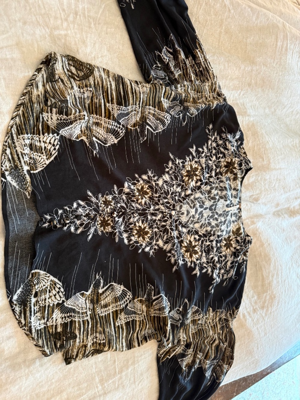 Free People Black Bird Floral Boho Button Front Blouse Size S